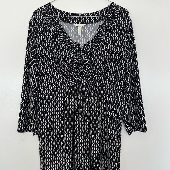 Soma Ruffle Dress Long Sleeve Knee Length Black White Stretch Waist V Neck Large - Picture 2 of 8